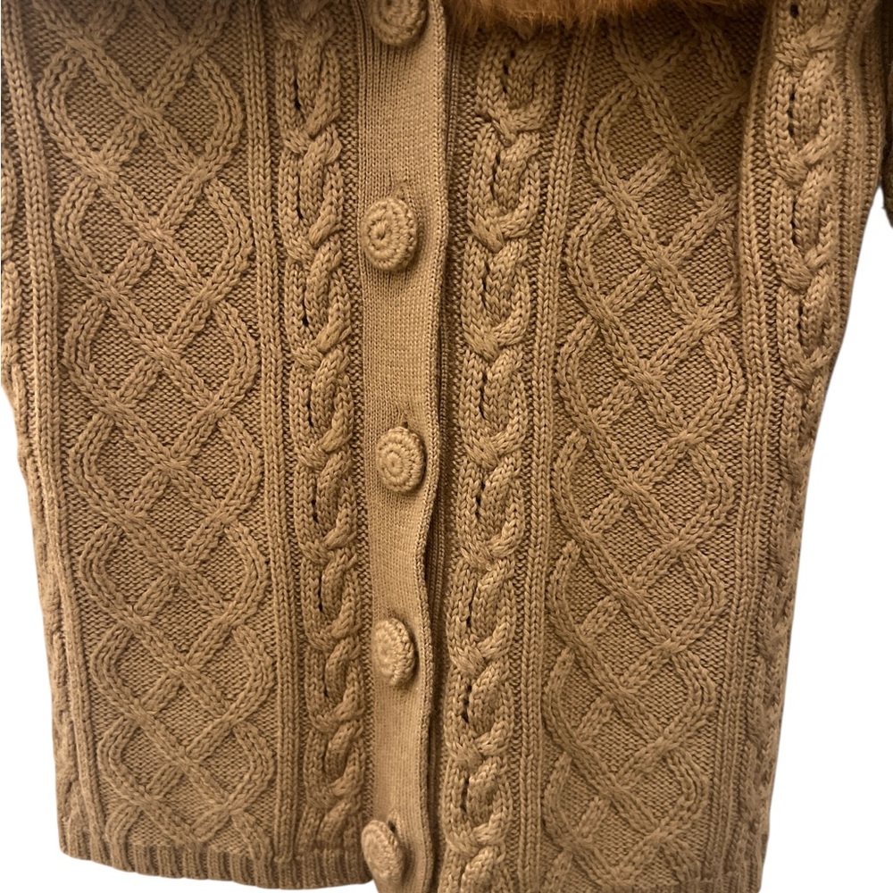 PowWow Wool Blend Cable Knit Cardigan w/Rabbit Fur Collar | M - Picture 7 of 16